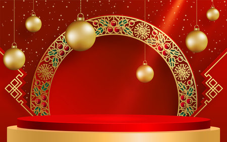 3d Podium round stage style, for Merry Christmas and happy new year and festivals or greeting festival on paper cut art and craft with color background and festive elementsのイラスト素材