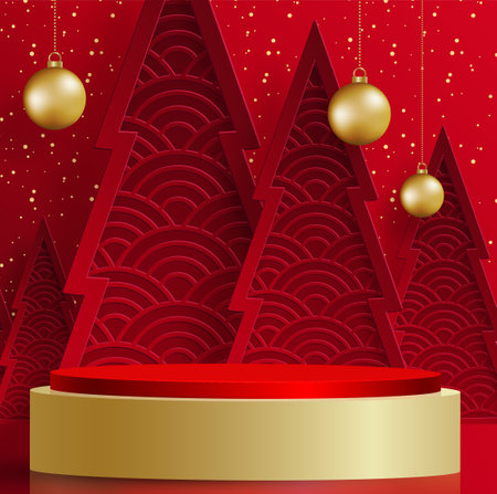 3d Podium round stage style, for Merry Christmas and happy new year and festivals or greeting festival on paper cut art and craft with color background and festive elementsのイラスト素材