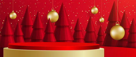 3d Podium round stage style, for Merry Christmas and happy new year and festivals or greeting festival on paper cut art and craft with color background and festive elementsのイラスト素材