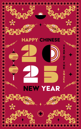 Happy Chinese new year 2025 Snake Zodiac sign, modern flat art design set in red, gold and white colors (Chinese Translation: happy new year 2025, year of Snake)のイラスト素材