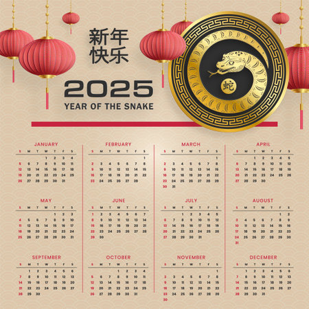Chinese calendar year 2025 snake Zodiac sign, with gold paper cut art and craft style on color background for greeting card, flyers, poster (Chinese Translation : happy new year 2025, year of snake)のイラスト素材