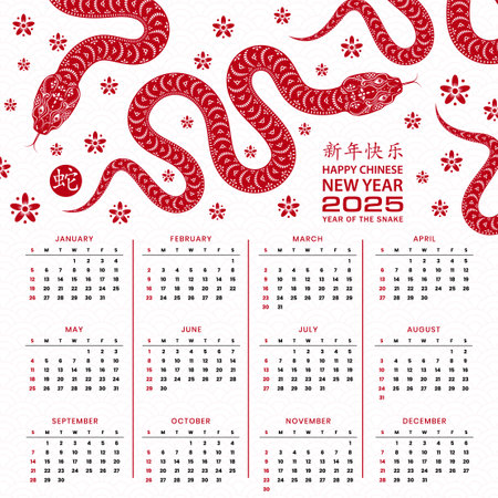 Chinese calendar year 2025 snake Zodiac sign, with gold paper cut art and craft style on color background for greeting card, flyers, poster (Chinese Translation : happy new year 2025, year of snake)のイラスト素材