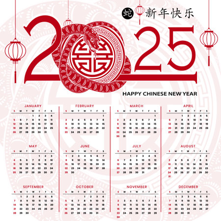 Chinese calendar year 2025 snake Zodiac sign, with gold paper cut art and craft style on color background for greeting card, flyers, poster (Chinese Translation : happy new year 2025, year of snake)のイラスト素材
