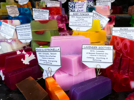 Colorful soap bars display in stall on a Christmas Marketのeditorial素材
