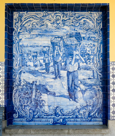 Panel with azulejos tilework on train station of Pocinho in River Douro valley near Spanish border in Portugalのeditorial素材