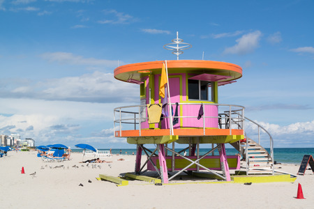 MIAMI, USA - DEC 9, 2015: Life guard station on South Beach of Miami Beach, Florida, USAのeditorial素材