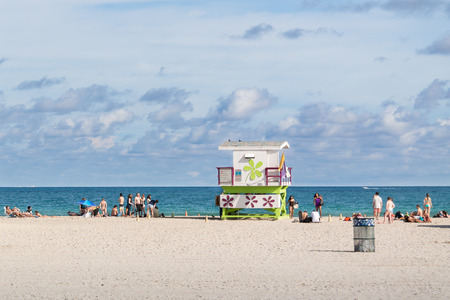 Life guard station on South Beach of Miami Beach, Florida, USAのeditorial素材