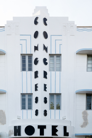 Front facade of art deco hotel  Congress on Ocean Drive in South Beach district of Miami Beach, Florida, USAのeditorial素材