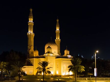 Jumeirah Mosque in Dubai, United Arab Emirates, at nightのeditorial素材