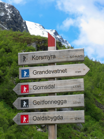 Wooden hiking signpost with destinations and distances for trekking, Oppland, Norway, Scandinaviaのeditorial素材