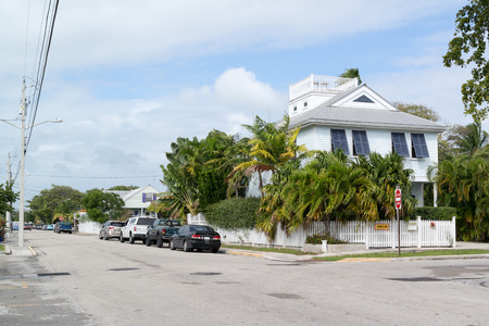 Parked cars and houses in Emma street in Key West, Florida Keys, USAのeditorial素材