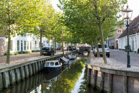 Canal Zoutsloot in historic old town of Harlingen, Friesland, Netherlandsのeditorial素材