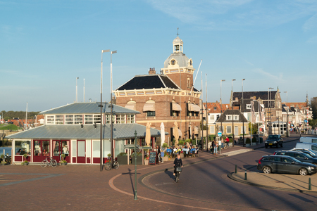 Street scene with former court house in historic old town of Harlingen, Friesland, Netherlandsのeditorial素材