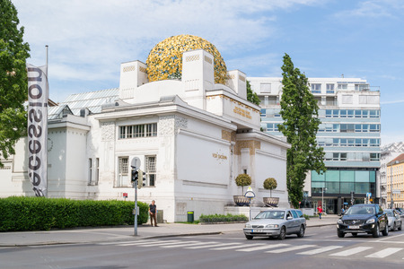 Art nouveau Secession building and traffic in Friedrichstrasse in Vienna, Austriaのeditorial素材