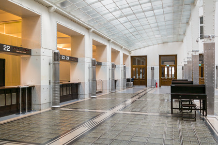 Desks and columns in main hall of Austrian Post Office Savings Bank in Vienna, Austriaのeditorial素材