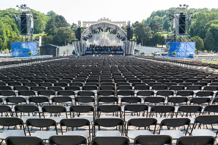 Vienna Philharmonic Orchestra rehearsal for Summer Night Concert in Schonbrunn Palace Gardens in Vienna, Austriaのeditorial素材
