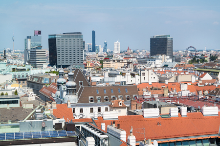 Panorama off north tower of St. Stephen's Cathedral in Vienna: Danube Tower, Media Tower, Design Tower, DC Tower, IZD Tower and Uniqa Towerのeditorial素材