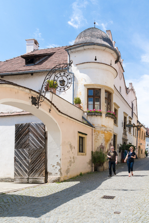 People walking in Main Street of old town Durnstein in Wachau valley, Lower Austriaのeditorial素材