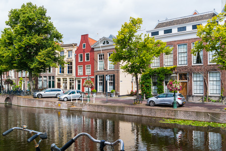 Gables of historic houses on Rapenburg canal in old town of Leiden, South Holland, Netherlandsのeditorial素材