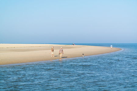 TEXEL, NETHERLANDS - SEP 14, 2016: Active pensioners walking on beach near coastline on West Frisian Waddensea island Texel, Netherlandsのeditorial素材