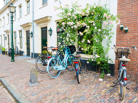Street scene with parked bicycles and wall of house with climbing rose in old town of Wijk bij Duurstede in province Utrecht, Netherlandsのeditorial素材