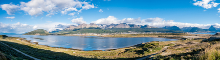 Panorama of Ushuaia with Martial mountains and Beagle Channel, Terra del Fuego, Patagonia, Argentinaの写真素材
