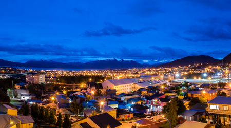 USHUAIA, ARGENTINA - JAN 26, 2018: Panoramic night view of southern city of Ushuaia and Beagle Channel, Terra del Fuego, Patagonia, Argentinaのeditorial素材