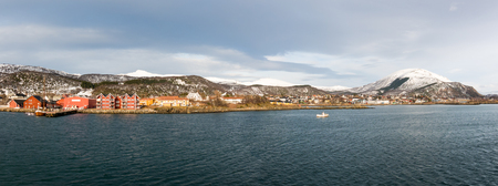 Panoramic view of Melbu village on Hadseloya from Hadselfjorden, Nordland, Norwayの写真素材