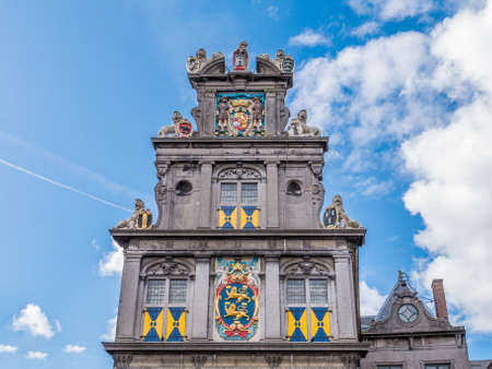 Top facade with stepped gable and coats of arms of former Statencollege now Westfries Museum, Hoorn, Netherlandsのeditorial素材