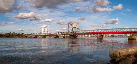 Kulturbro train and pedestrian bridge over Limfjord connecting Aalborg Vest and Norresundby, North Jutland, Denmarkの写真素材