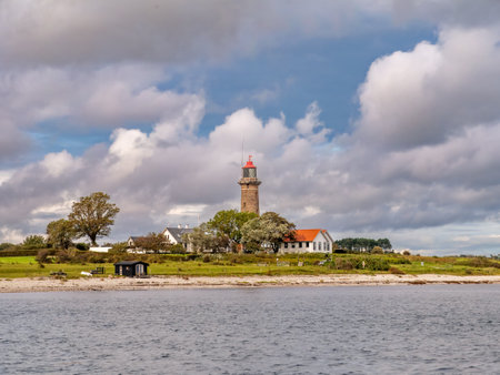 Granite tower of Fornaes lighthouse along the coast of Kattegat, Djursland, Midtjylland, Denmarkの写真素材