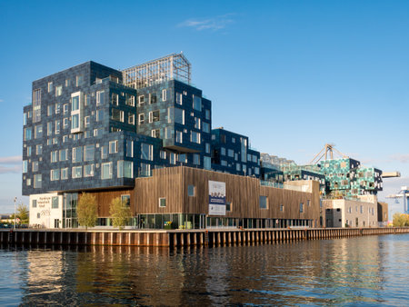 Copenhagen International School, CIS, modern building with solar panel facades in Nordhavn district, Denmarkのeditorial素材
