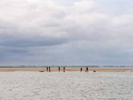 Kayakers on a sand flat taking a break during a kayaking trip on the Wadden Sea, Lower Saxony, Germanyの写真素材