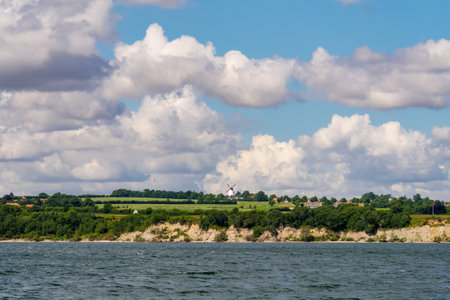 Panoramic view of coastline with Dybbol Mill, Sonderborg, South Jutland, Southern Denmarkの写真素材