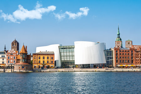 Stralsund skyline with Lotsenhaus, Ozeaneum, former warehouses and Nicholas Church,...