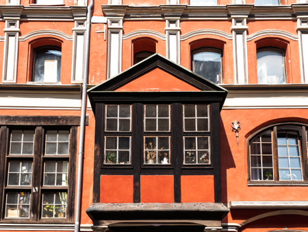 Large half-timbered bay window on historic brick building on Badenstrasse in Hanseatic old town of...