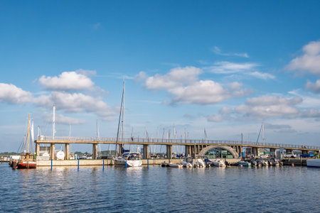 Wiek Chalk Bridge, unfinished concrete structure from 1914, now floating promenade in Wiek harbor on Ruegen, Mecklenburg-Vorpommern, Germanyの写真素材