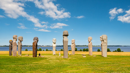 Dodekalitten statues, large modern stone sculptures in a circle, in rural landscape overlooking SmÃ¥land Waters, Kragenaes, Lolland Island, Zealand region, Denmarkの写真素材
