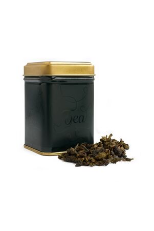 Black box for tea and dry green tea on a white background                  の写真素材