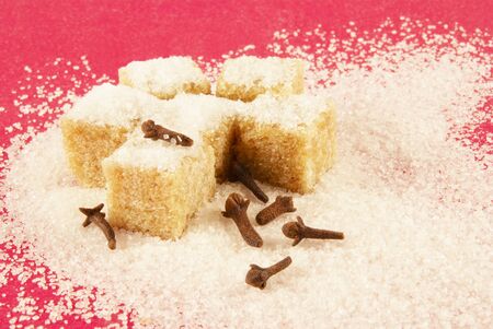 Blocks of brown sugar, spicinesses on a red background                の写真素材