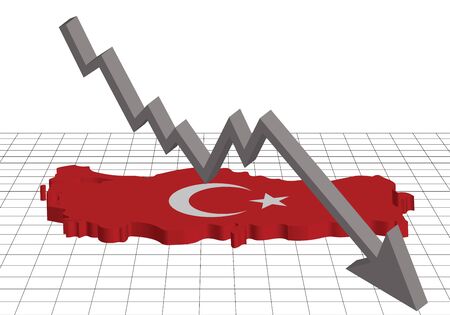 A map and a flag of Turkey on a grid, with an arrow going down.のイラスト素材