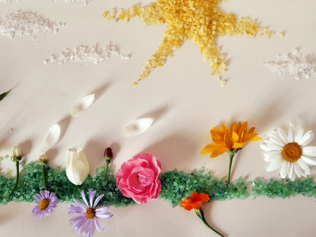 Summer installation - a sunny landscape of a large colored sea salt, fresh flowers and white petals...