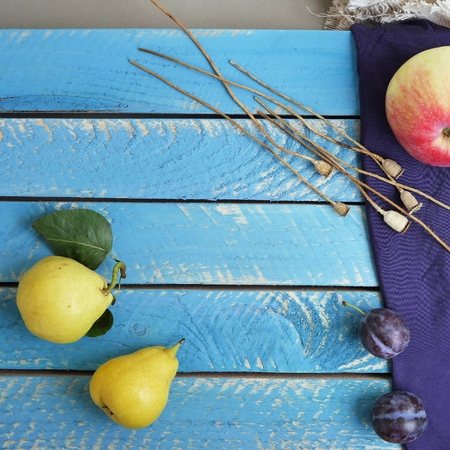 Bright colorful fruits, flowers and leaves on the surface of different textures, seasonal decorative composition, autumn, top viewの写真素材