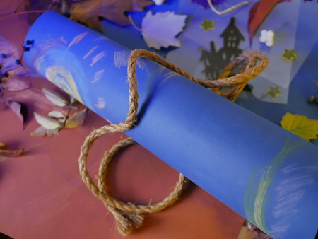 Halloween decor, autumn leaves, blue background, top viewの写真素材