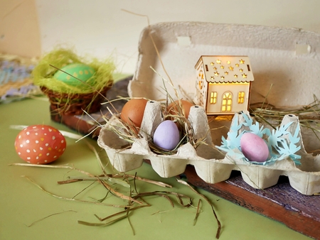 Easter painted chicken, quail eggs, concept home holidays