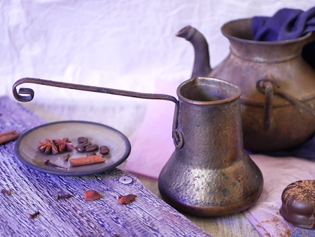 coffee grains, textural wooden background, spicesの写真素材