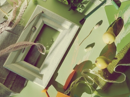 fruits, decor, greens and a white frameの写真素材