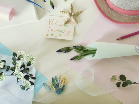 Greeting summer, art materials, fresh flowersの写真素材