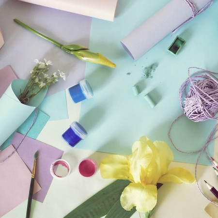 art materials, fresh flowers, light background, top viewの写真素材