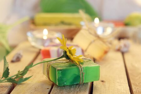 Natural soap, candles, sea salt, plants, stones, shells, spa procedures, relaxationの写真素材